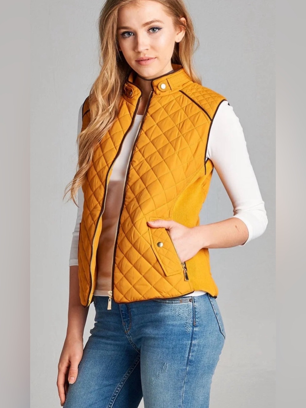 Women's Quilted Yellow Zip-Up Vest with Stand Collar